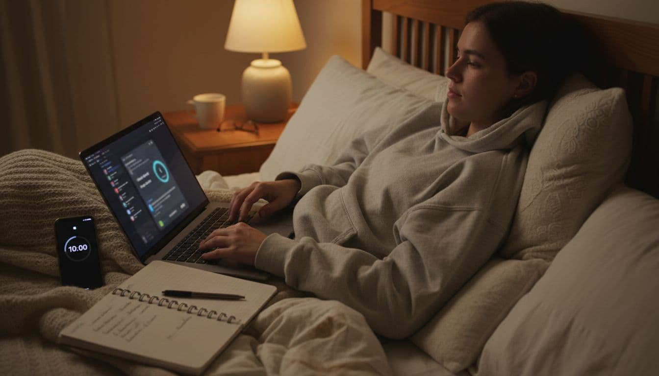 A focused young adult sits propped up in a cozy bedroom at night with a laptop showing a blurred Character AI chat, a smartphone displaying a 10-minute timer, and an open notebook with character test notes.