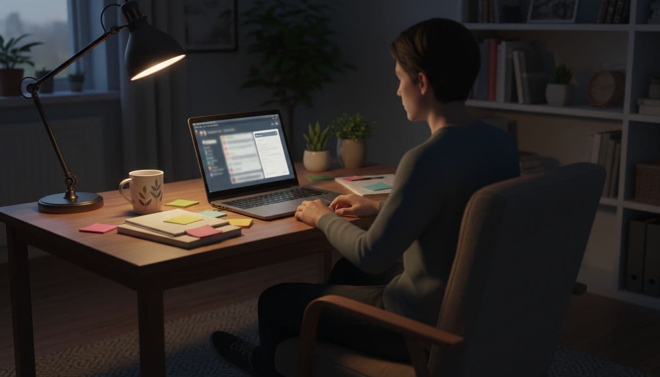 A person in a cozy home office at night works at a desk with a laptop showing a blurred Character AI chat interface highlighting pinned memory notes. Warm lamp light illuminates notebooks, sticky notes, coffee mug, and plants in a serene, productive setting.