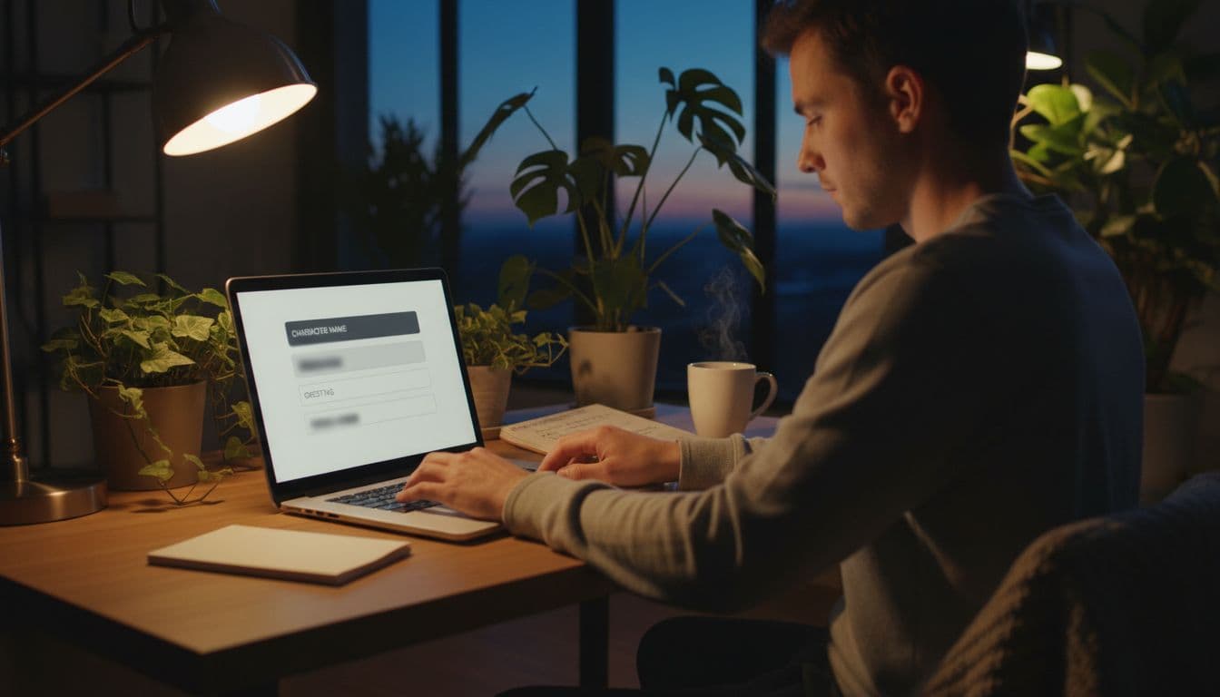 A cozy modern home office at dusk with warm lamp light illuminating a laptop screen at a slight angle, showing a blurred form for character details, and a young focused person typing. The desk features a notebook with bullet points, steaming coffee mug, and background plants for an inviting productive atmosphere.