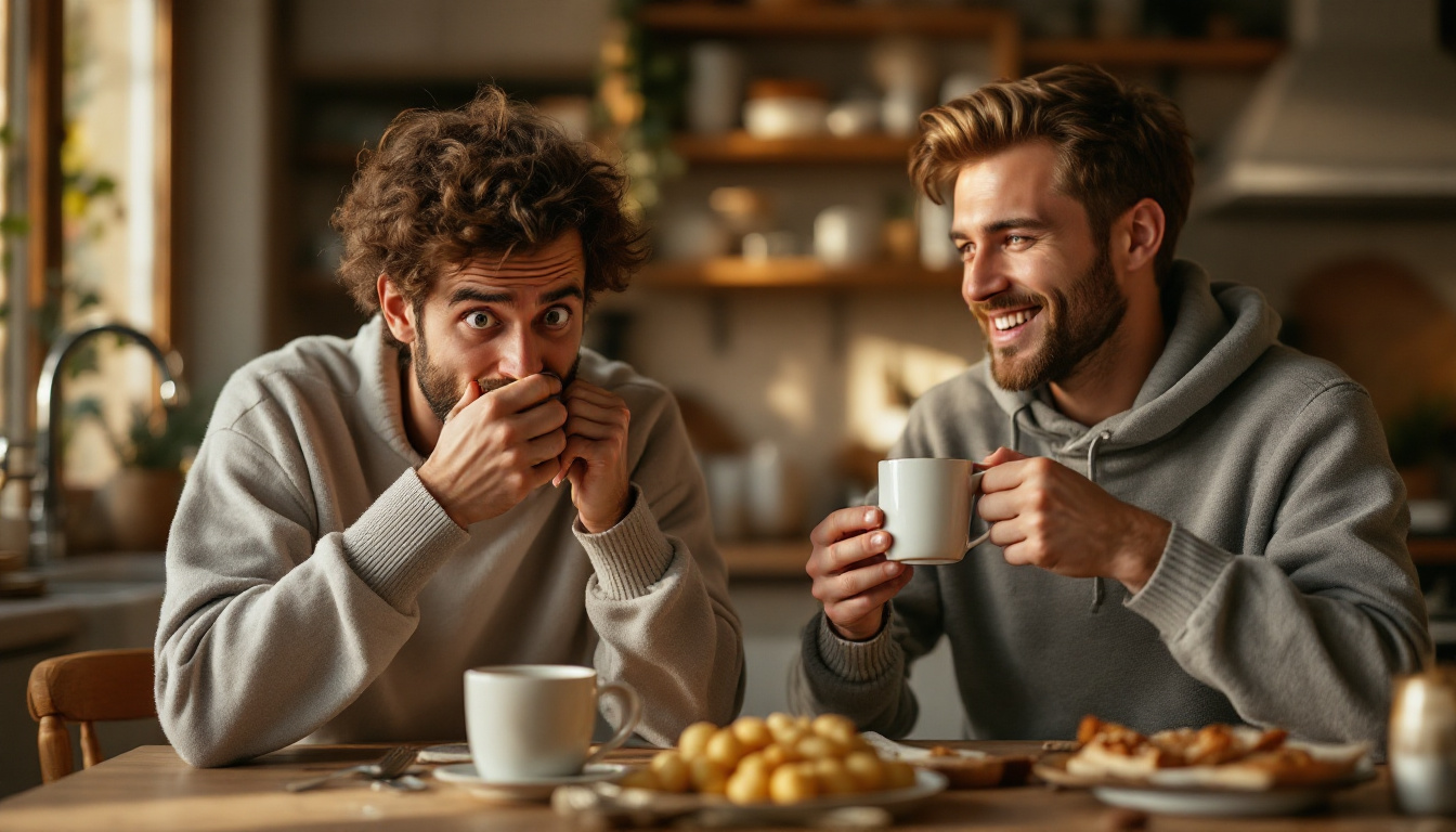 Ultra realistic photo of a cozy morning kitchen, one person nervously sipping a small espresso, another relaxed with a large mug. Soft light, intimate energy, clear signs of caffeine contrast. Image created with AI.