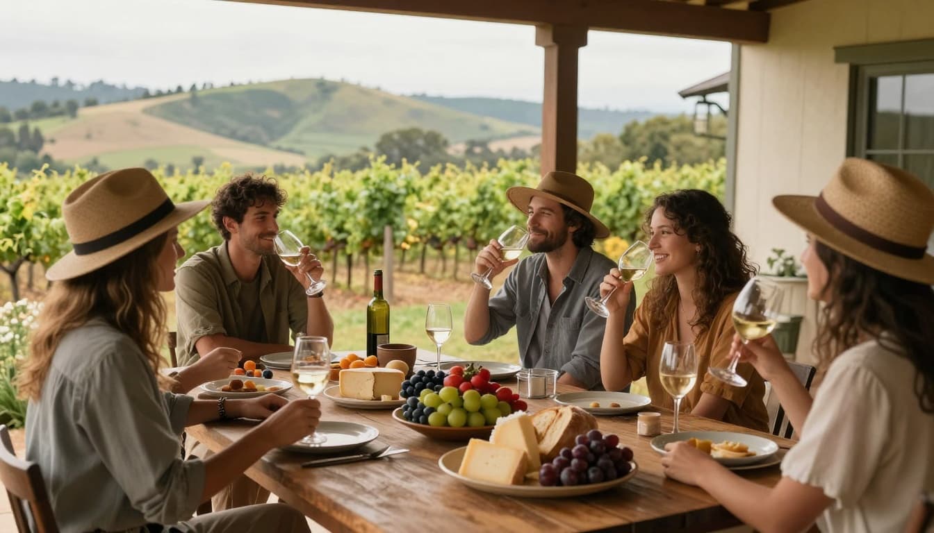 Cozy group of friends on a porch of a Sonoma rental house overlooking vineyards, sipping wine and enjoying a farm-to-table picnic with fresh cheeses, fruits, and breads in soft afternoon light.