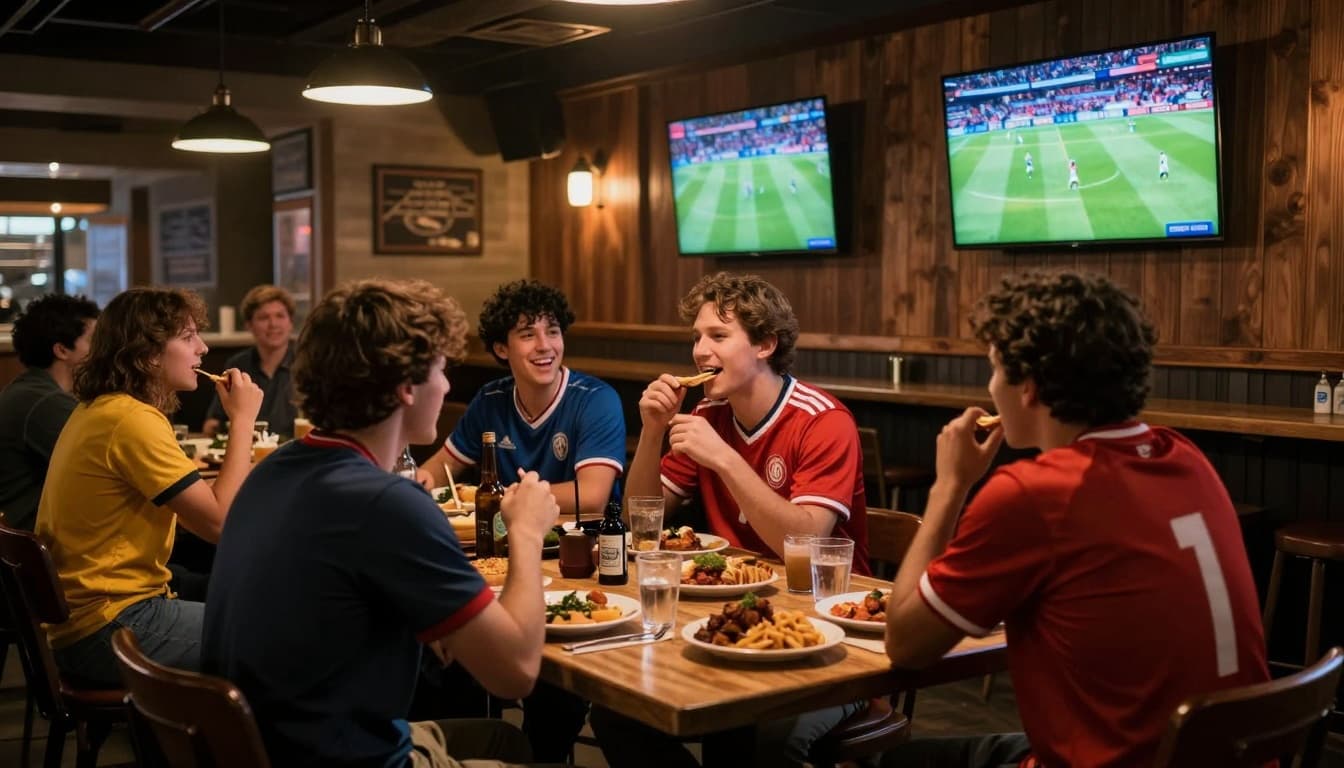 Cozy sports bar interior after a soccer match, featuring fans in jerseys watching TV replays, plates of Southern food on tables, a relaxed group chatting and laughing under dim warm lighting with wooden decor.