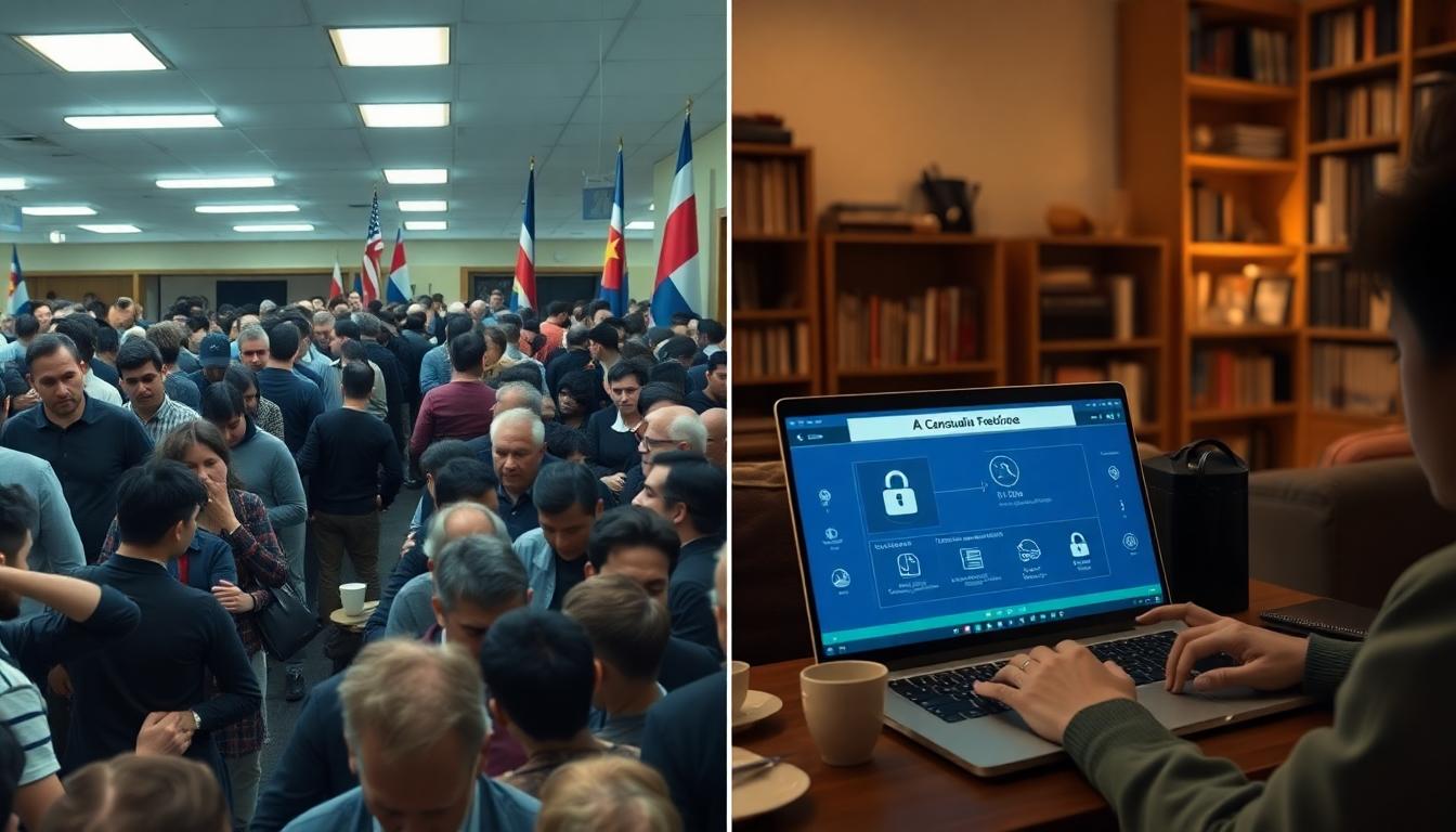 Split view of a crowded consulate queue on the left and a calm user at home using a secure AI consular service on the right. Image created with AI.
