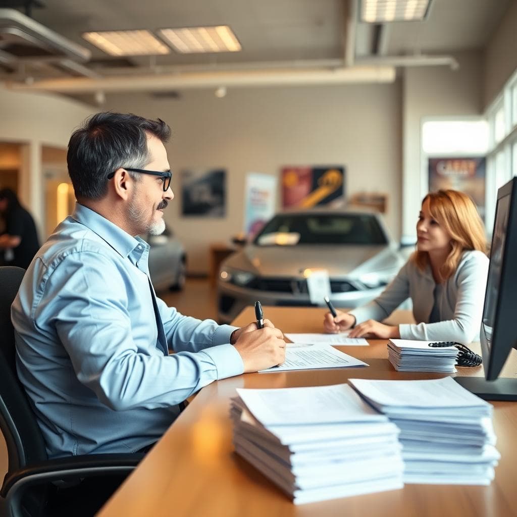 Customer signing loan documents inside dealership office