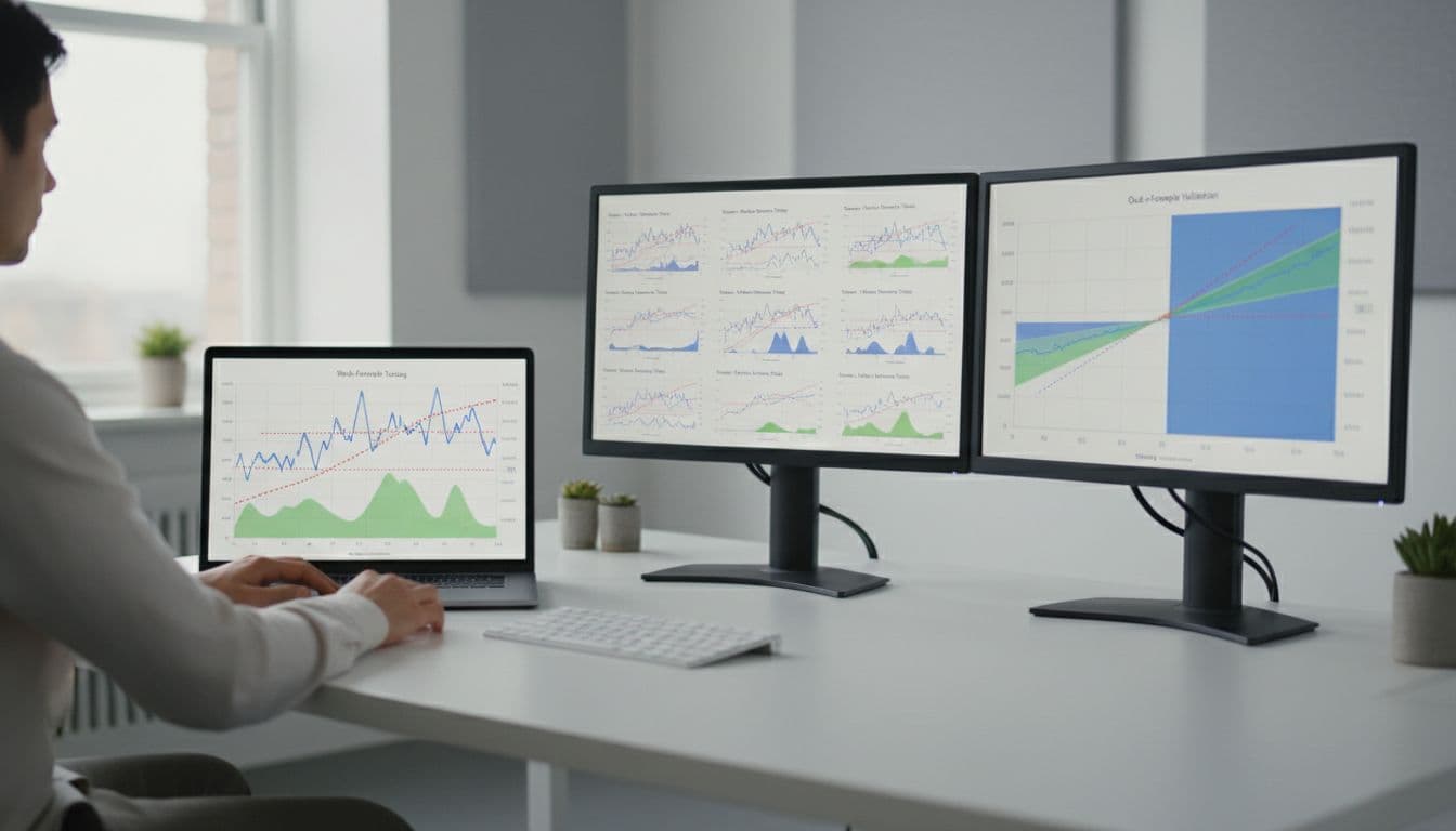 Data scientist at desk with laptop and dual monitors displaying walk-forward testing charts comparing stock predictions to actual prices.