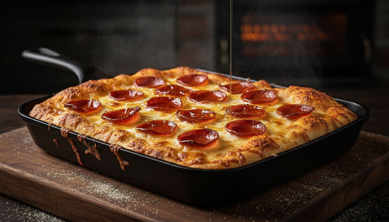 Detroit-style pepperoni pizza in a cast iron skillet drizzled with hot honey