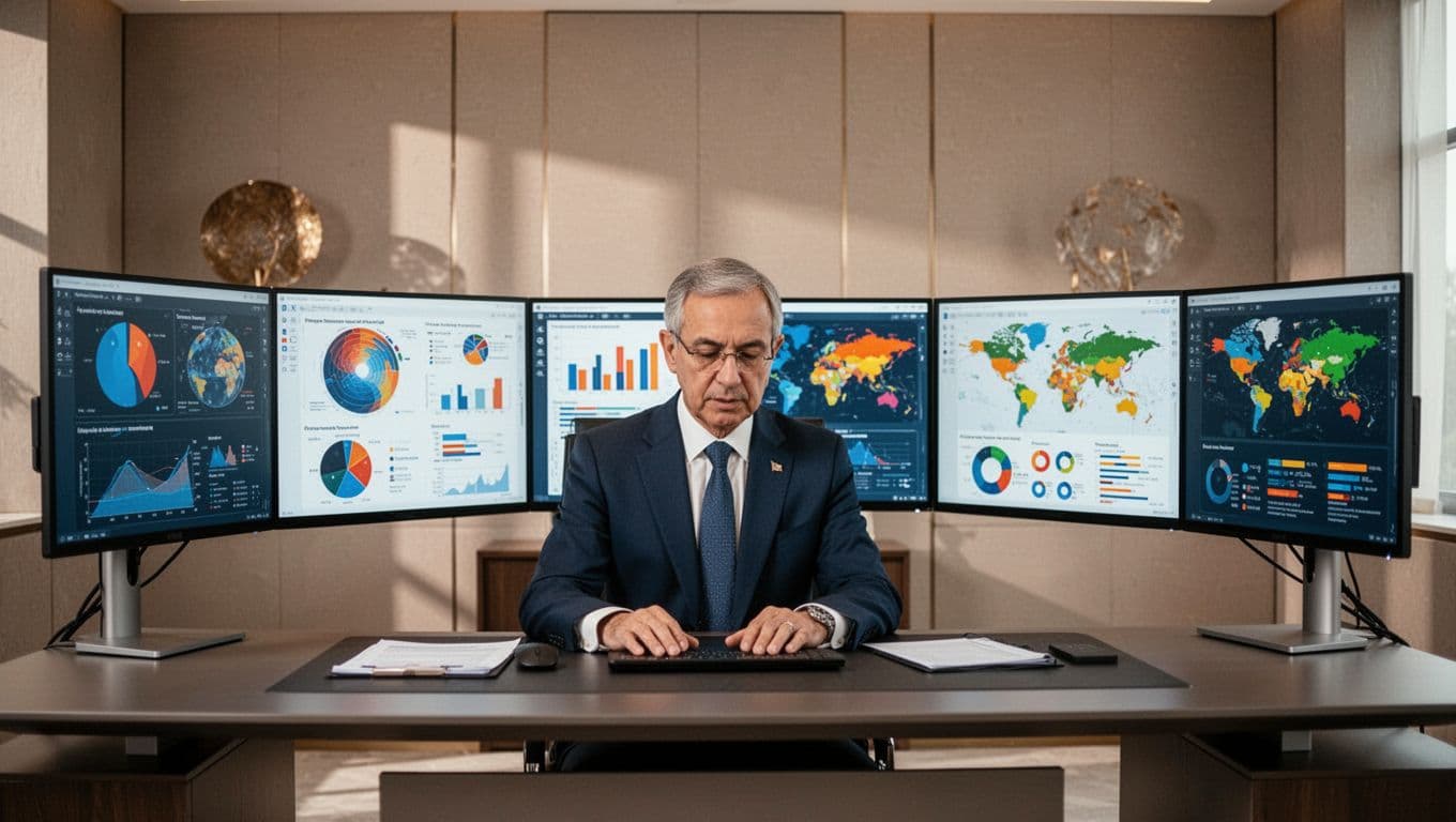 Diplomat at desk in modern office views charts and maps on multiple screens amid background flags.