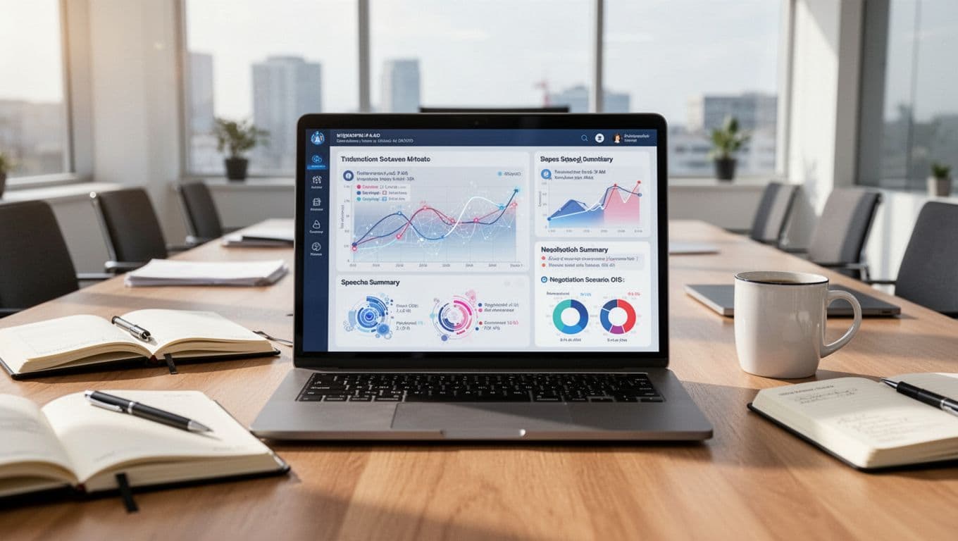 Laptop on conference table displays diplomatic dashboard with policy graphs, speech summaries, and negotiation simulations as abstract charts and icons.