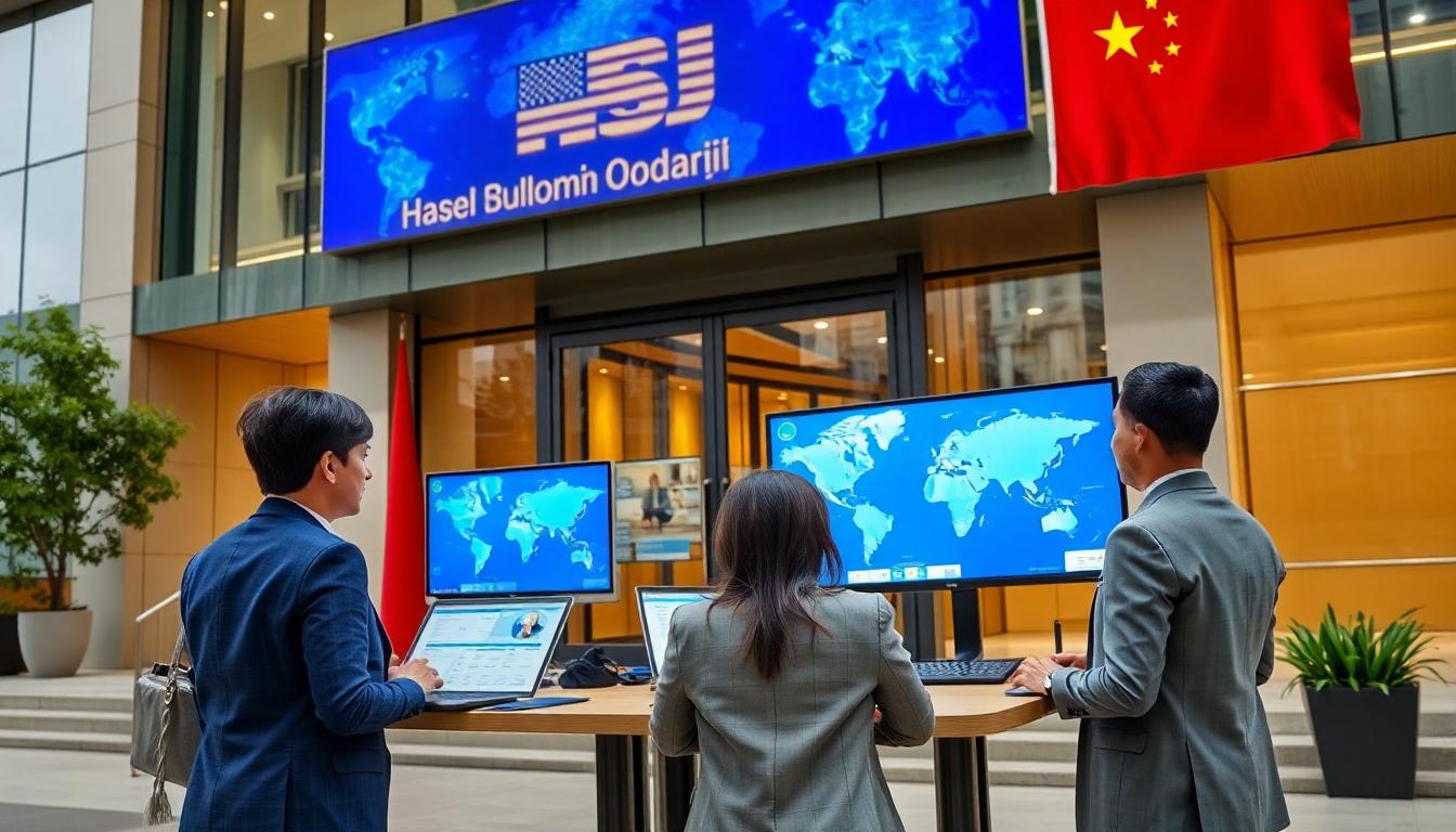 Diplomats in a real embassy-style building, supported by AI tools and digital screens. Image created with AI.