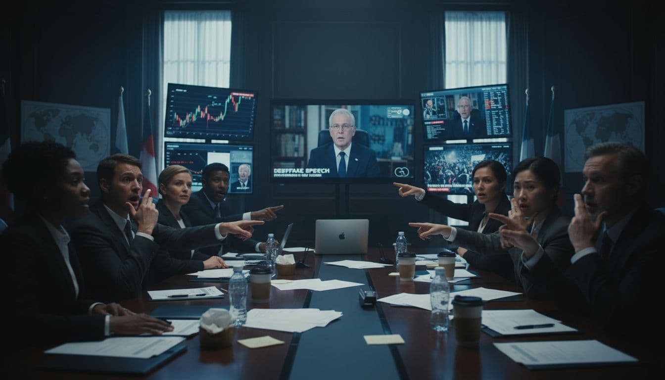 AI Diplomacy in 2025, What You Need to Know (Deepfakes, Data, Trust) In a tense conference room at night, shocked diplomats point at screens displaying a deepfake video of a world leader