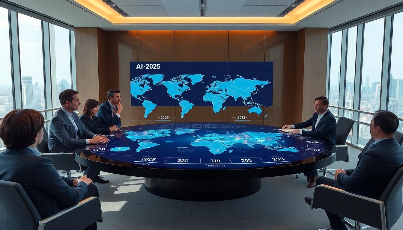 Diplomats review AI-driven forecasts on a holographic table during a strategy session, 2025 to 2035 timelines visible