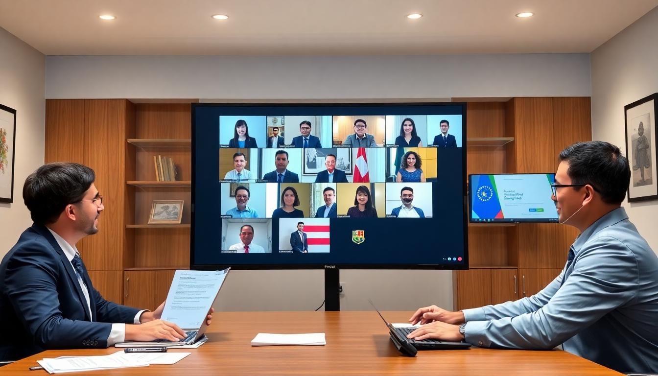 Diplomats in their home offices in different countries, connecting over a secure online meeting, sharing training materials and documents. Image created with AI.