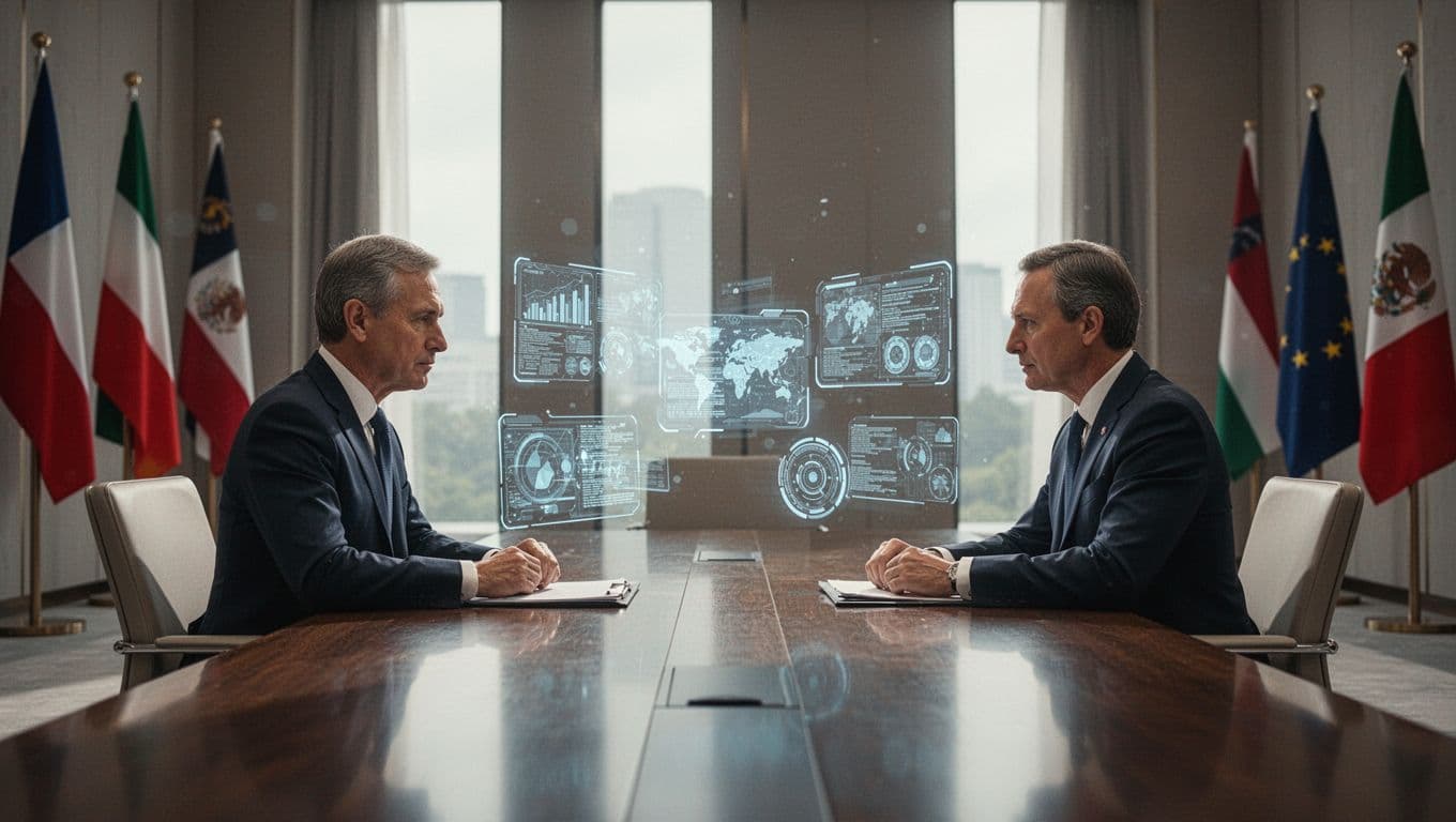 Two diplomats at a polished conference table examine holographic projections in a modern summit room with flags and windows.