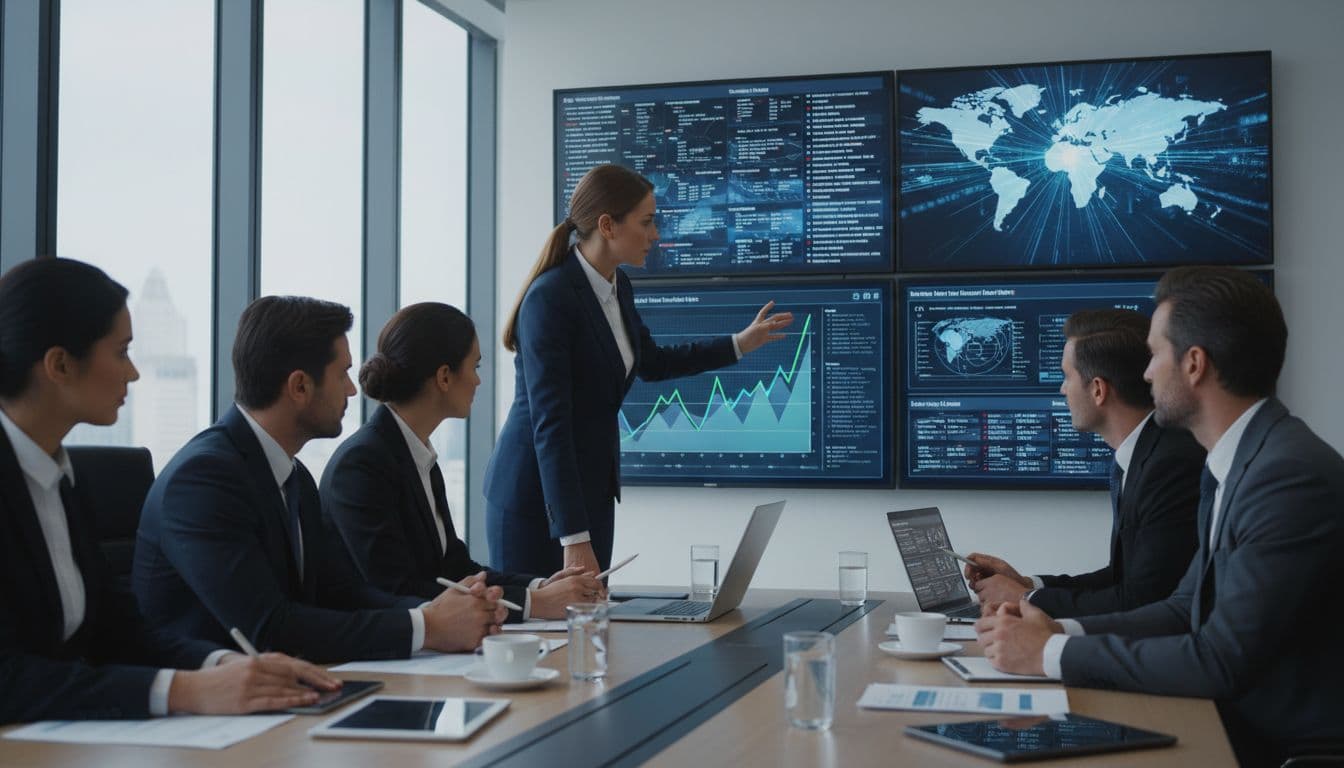 AI Consulate vs Embassy: The Complete Guide to Understanding Diplomatic Missions in 2026 Diplomats in a high-level modern embassy conference room review AI-generated reports on large screens displaying news feeds and data analytics, with a world map backdrop and an ambassador pointing at a graph, emphasizing human-tech collaboration.