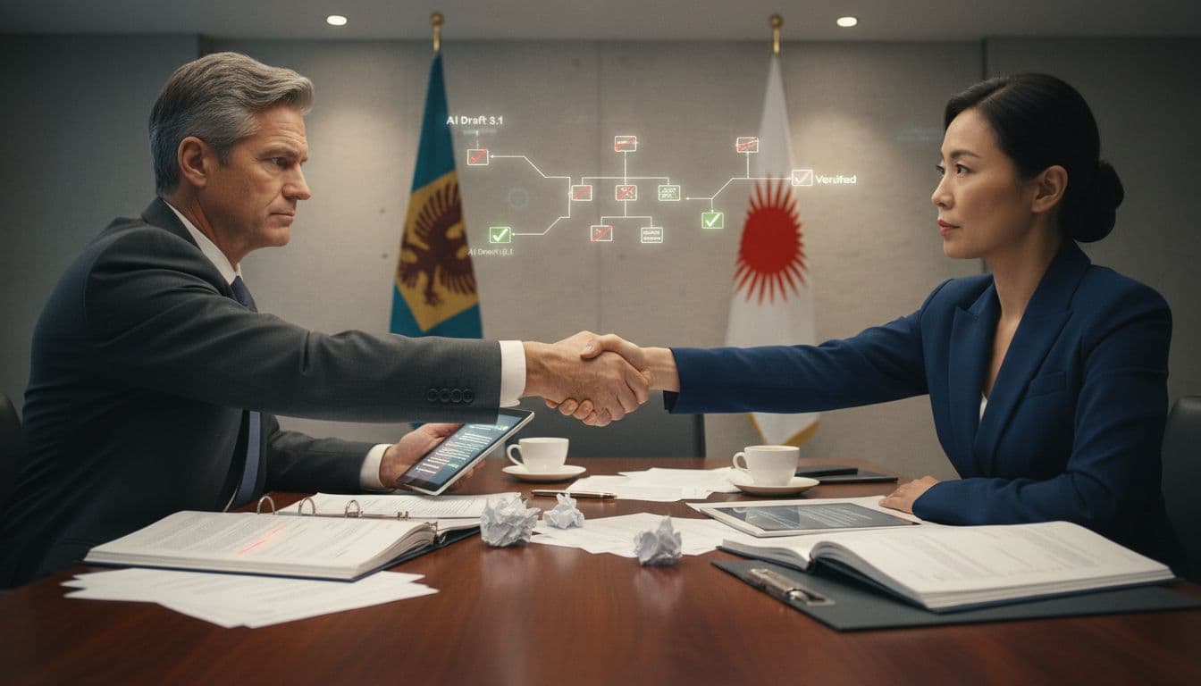 AI Diplomacy in 2025, What You Need to Know (Deepfakes, Data, Trust) A close-up of two diplomats shaking hands across a negotiation table with documents and coffee cups, featuring faint AI-generated drafts with edits and verification overlays in the background.