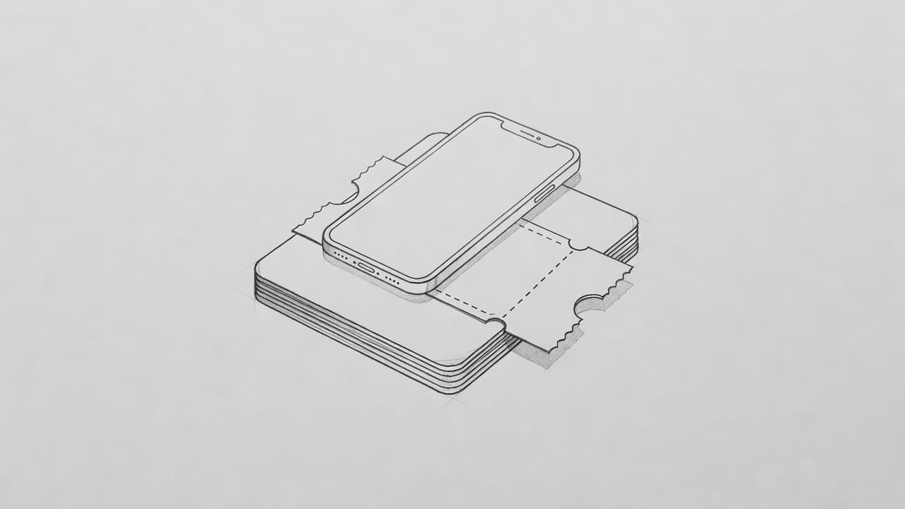 Graphite pencil sketches of a membership card, coupon, and smartphone are layered in a vertical pile on textured gray paper. Minimalist shading highlights the depth of these overlapping digital savings tools.