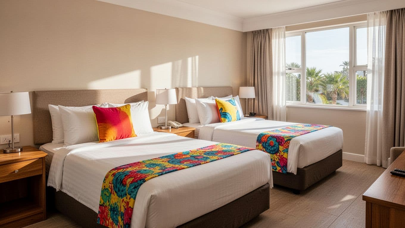 A clean Disney value resort room with two neatly made beds and bright accents. Afternoon light fills the simple, tidy space.