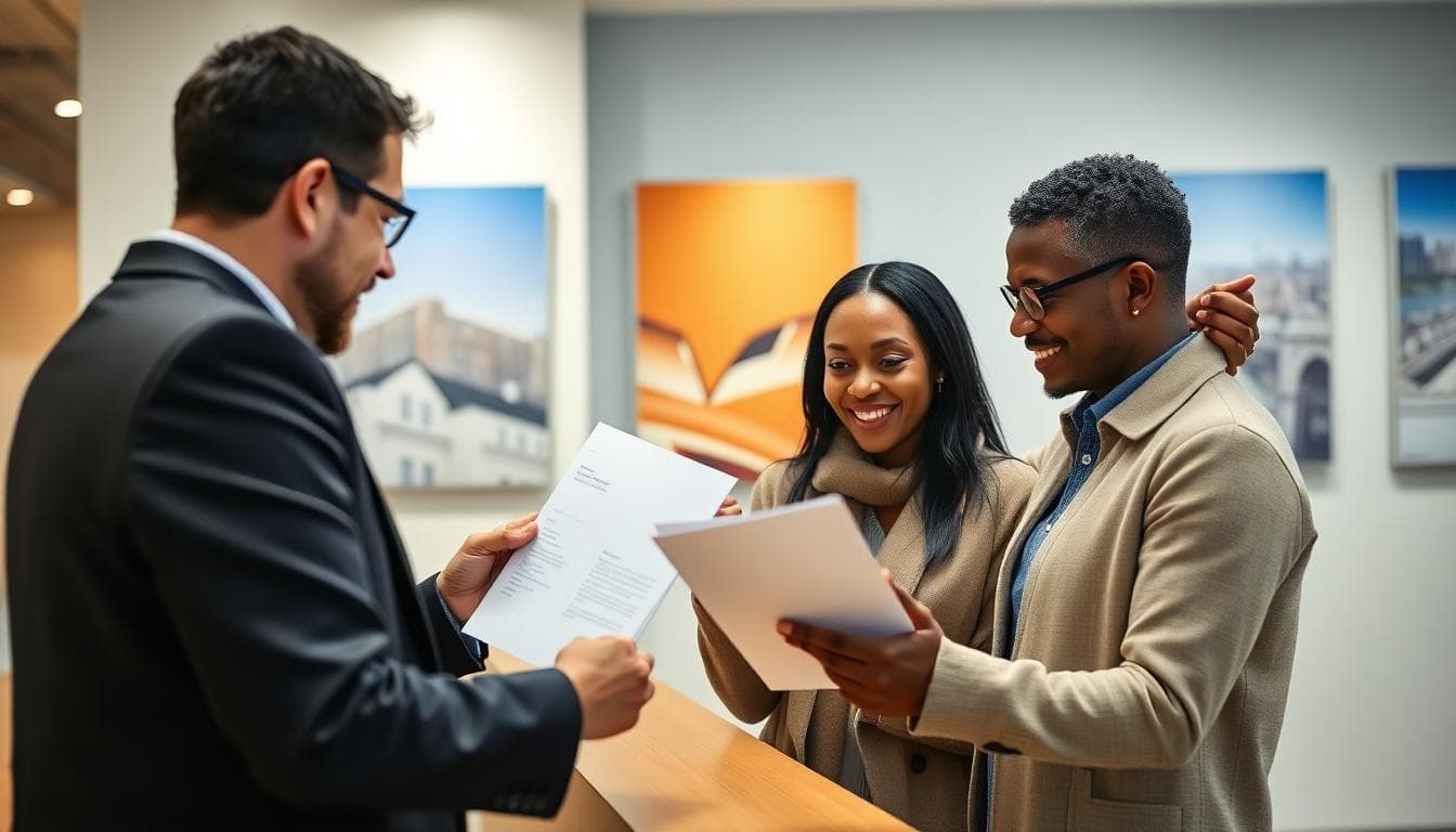 Ultra realistic photo of a diverse couple submitting a mortgage application to a loan officer in a bright Chicago bank near the Loop. Image created with AI.