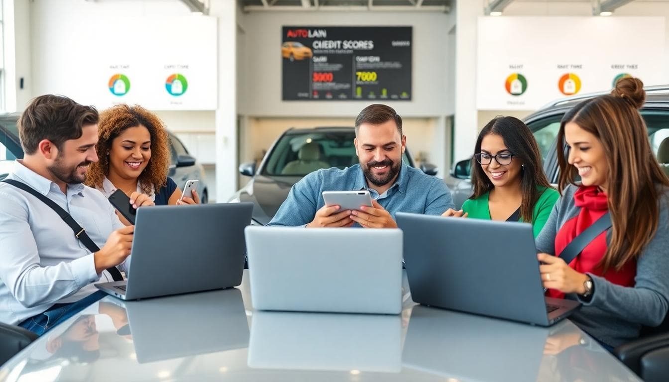 Drivers comparing lender options and credit tiers inside a dealership showroom