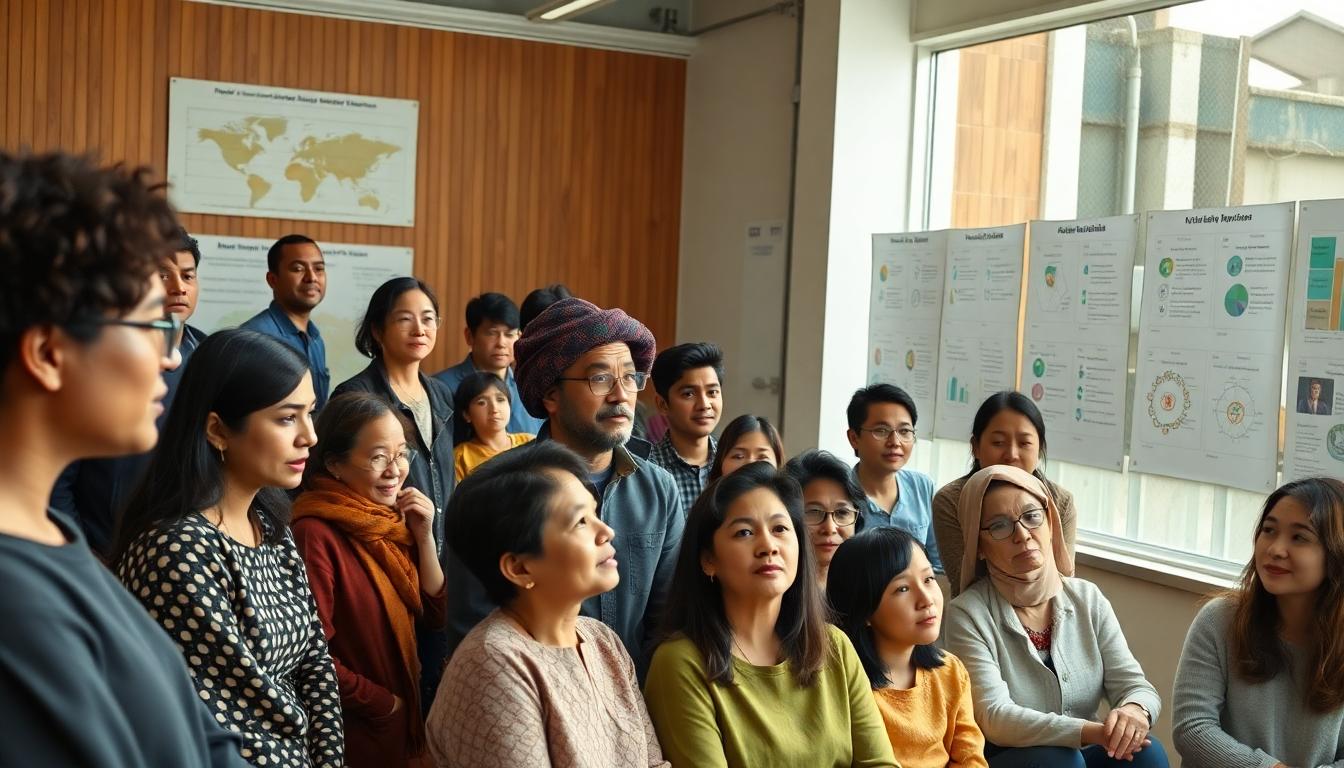 Community meeting on AI impacts with charts and discussion boards, diverse participants, high detail, natural light