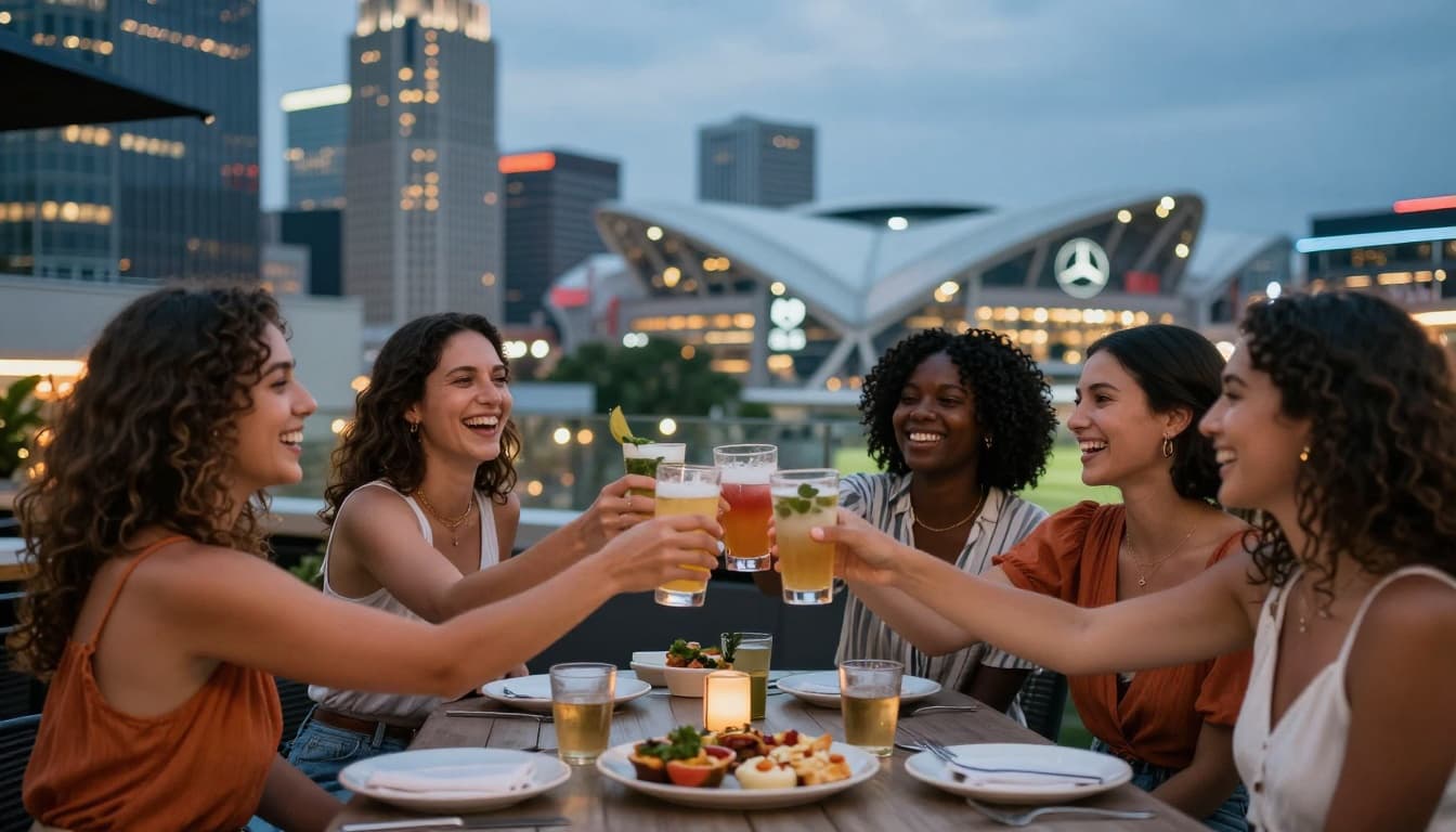 A diverse group of women in matching casual outfits joyfully toasting drinks at an outdoor rooftop restaurant overlooking downtown Atlanta skyline and Mercedes-Benz Stadium at dusk, post-FIFA World Cup match, with laughter, sparkling city lights, and high-energy summer night vibe.