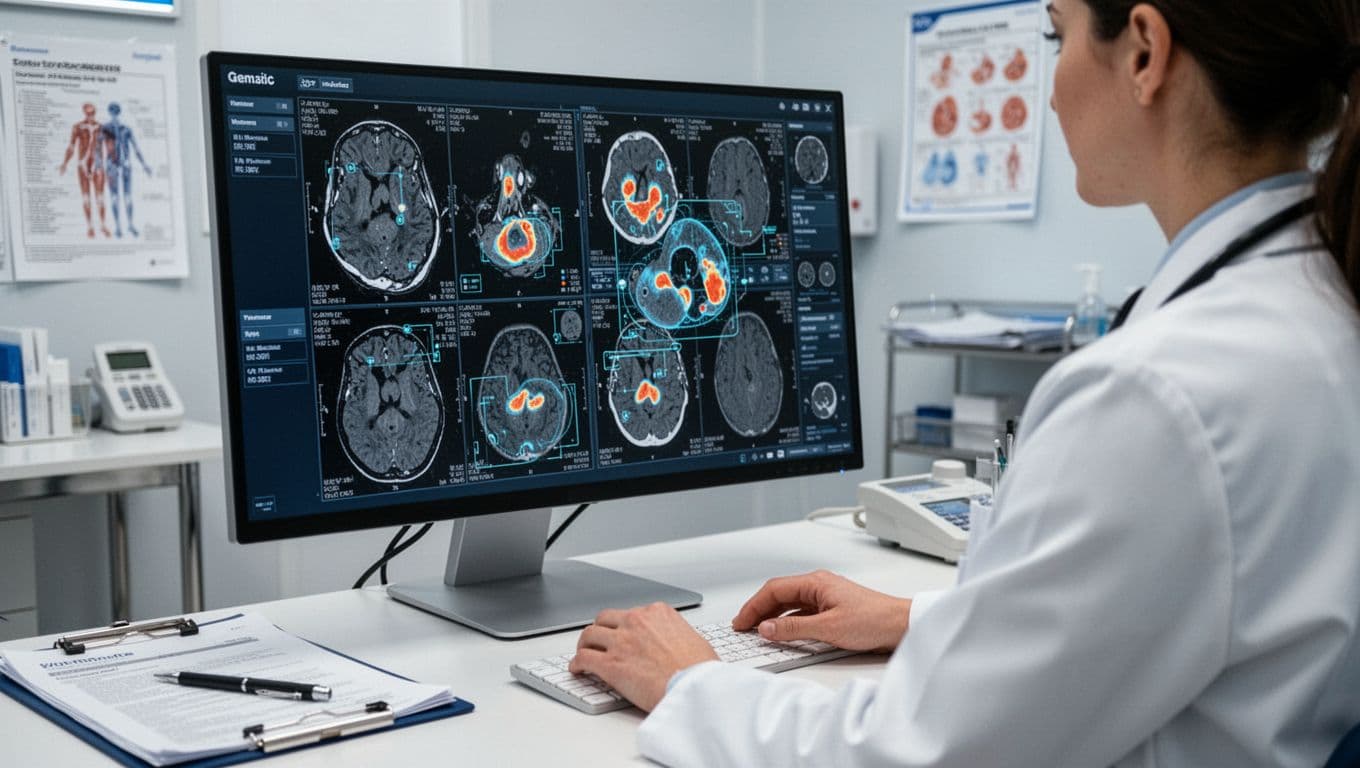 Medical professional in white coat partially visible from behind examines digital scans on large monitor with anomaly highlight overlays, clinic equipment nearby.