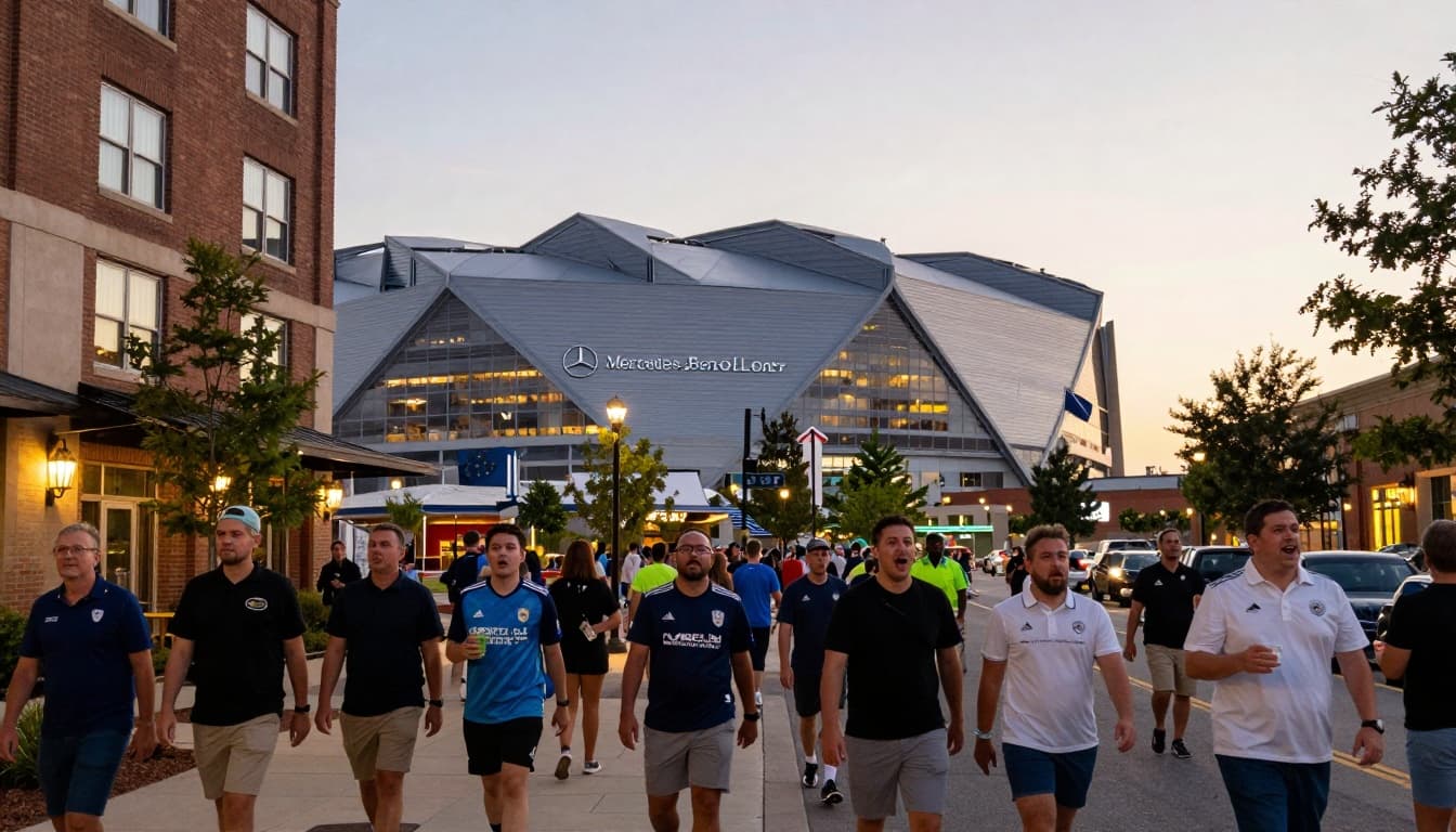 A vibrant evening scene in downtown Atlanta near Mercedes-Benz Stadium, with excited soccer fans walking well-lit streets toward hotels, stadium glowing under twilight sky, capturing match day energy in realistic photography.