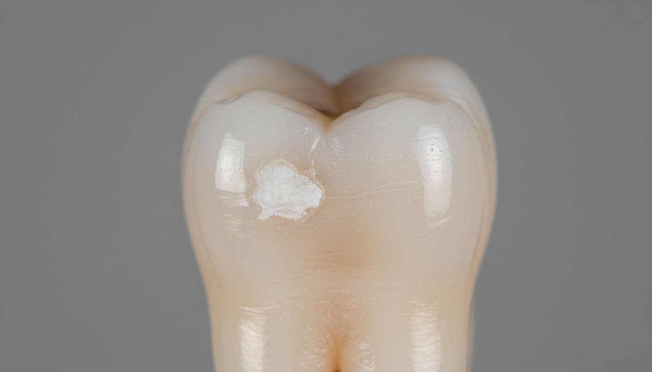 Early-stage cavity as a chalky white spot on a molar near the gumline