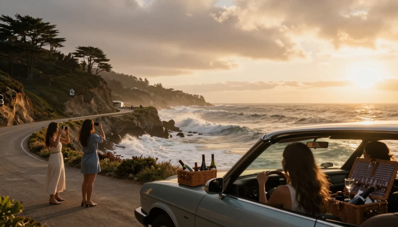 Elegant women driving along the Monterey Carmel coastal highway stop for a luxurious picnic at a viewpoint, with ocean waves crashing below, cypress trees on cliffs, and golden sunset lighting the dramatic scene.