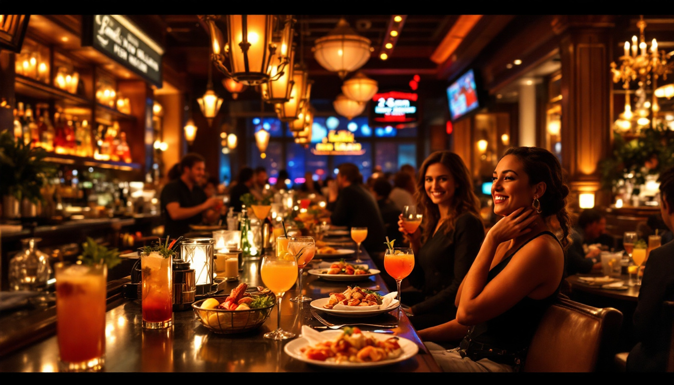Ultra-realistic interior of Emeril’s New Orleans Fish House inside MGM Grand with busy happy hour crowd, seafood plates, upscale lighting, and colorful cocktails. Image created with AI.