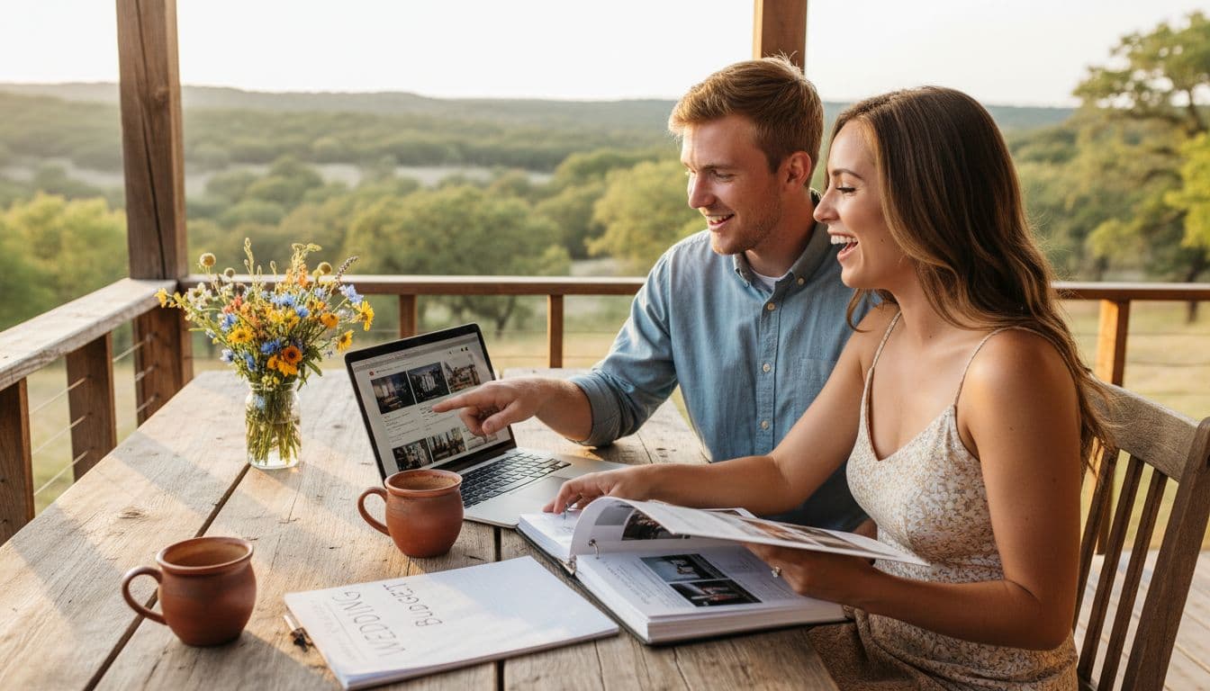 Engaged couple planning a wedding venue budget on a Texas ranch porch, with laptops, notes, and Hill Country views. Image created with AI.