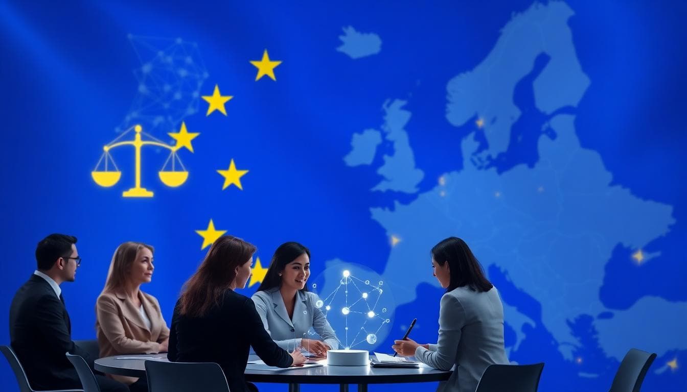 Illustration of EU leadership in AI regulation with professionals discussing compliance over holographic AI projections, European map connections, and EU flag colors. Image created with AI.