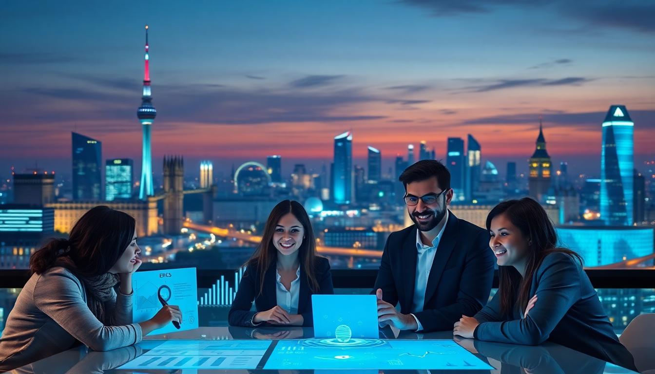 Which Countries Have AI in 2025? (Top Places Powering Smart Tech Worldwide) Ultra-realistic photo of a European city skyline at dusk. A diverse team discusses AI ethics and policy with tablets and holographic charts. London and Berlin tech campuses glow in the background. Image created with AI.