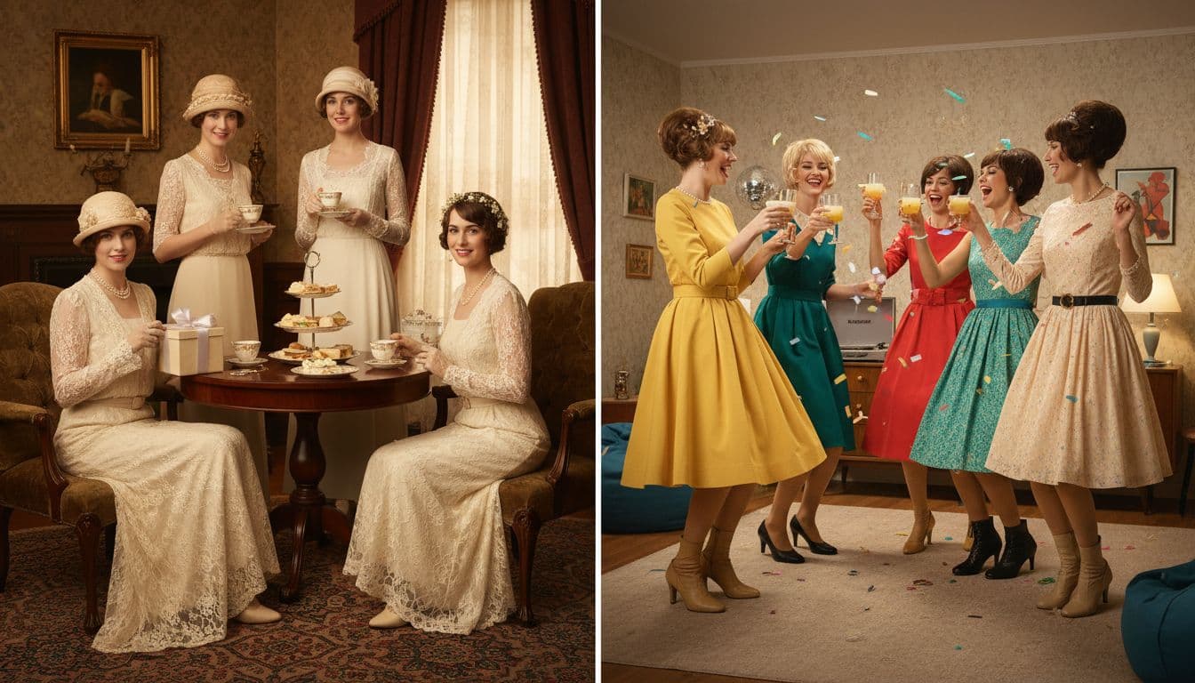 Split-scene image contrasting an early 1900s bridal shower with a lively 1960s women’s party, showing how traditions changed over time.