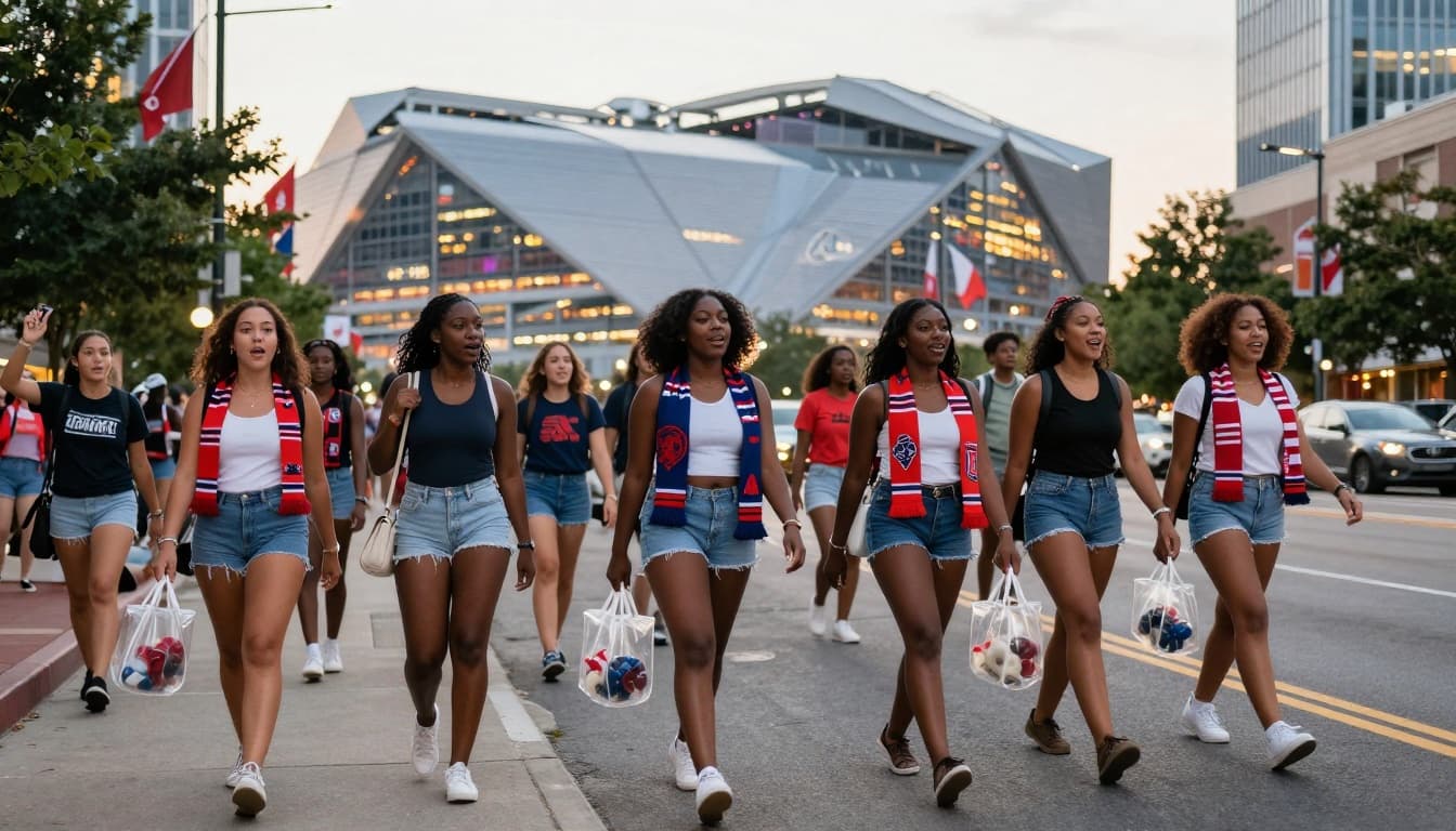 Excited group of women friends walking downtown Atlanta streets toward Mercedes-Benz Stadium on summer evening match day, golden hour lighting, urban skyscrapers.