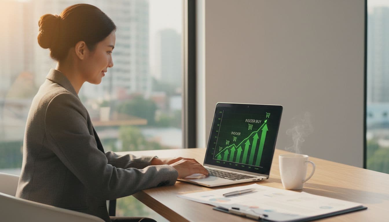 Executive in modern office examines laptop screen showing green upward arrows and insider buy icons, desk with coffee mug and documents.