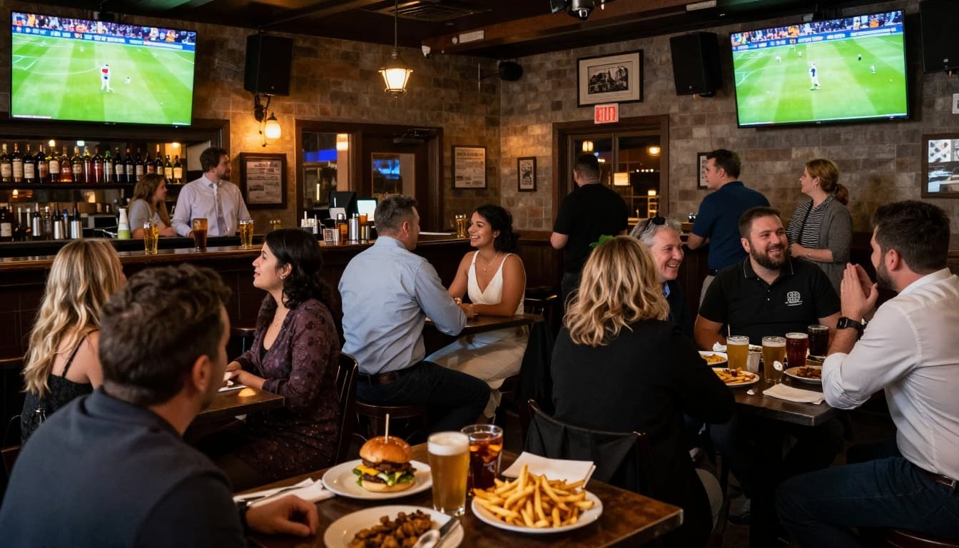 Fado Irish Pub in Midtown Atlanta is bustling with a mixed wedding group watching FIFA on big screens, surrounded by pub food like burgers and fries, a good beer selection at the bar, and a warm friendly atmosphere with people laughing and chatting.