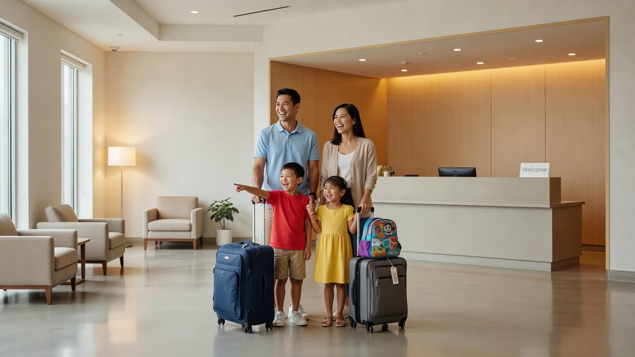 A smiling family of four stands in a bright, modern hotel lobby with their suitcases. Soft, warm ambient lighting illuminates the clean space as they prepare for their vacation check-in.