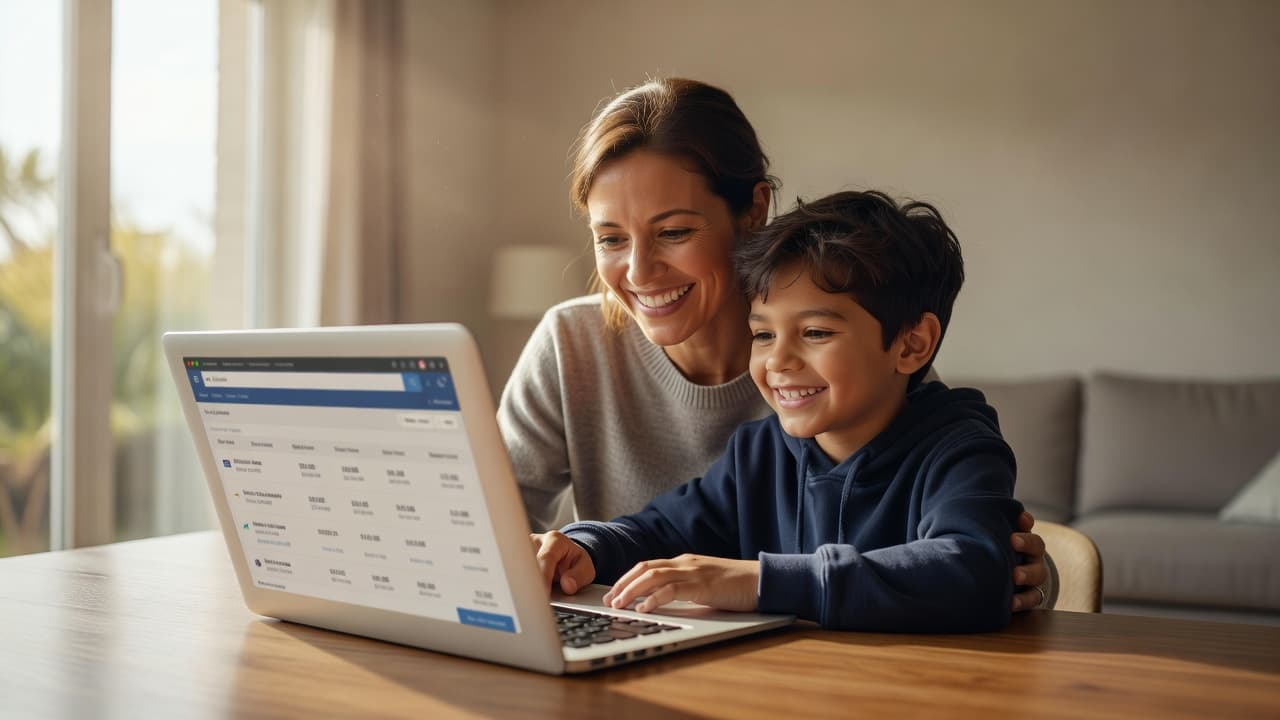 A parent and young child sit closely at a wooden table while viewing travel options on a laptop screen. Warm sunlight fills the modern living room as they share a happy moment.