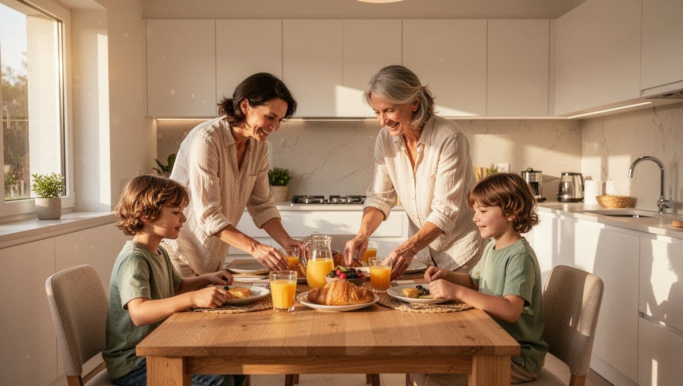 A parent and two children interact while setting a dining table inside a sun-drenched modern vacation kitchen. Fresh fruit and breakfast dishes rest on the clean marble countertops during their morning meal.