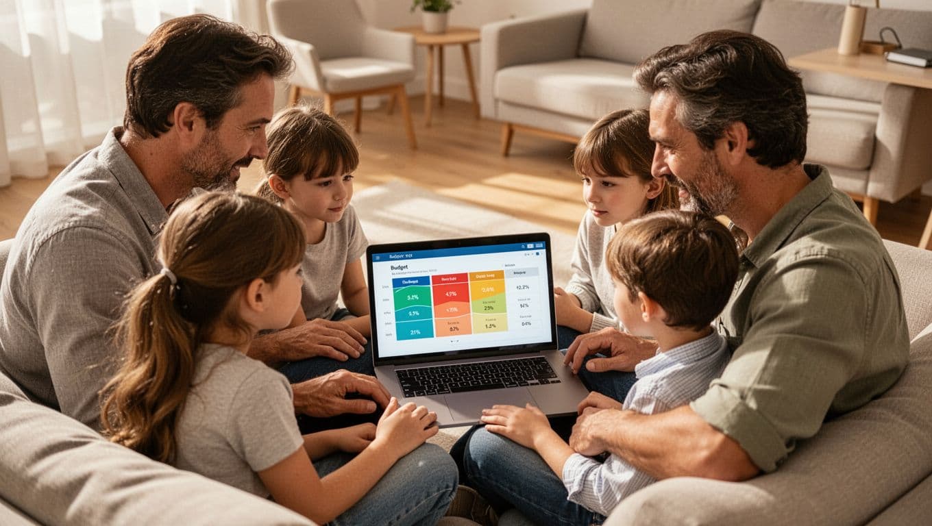 A family of four gathers around a laptop in a sunlit living room to review financial data. The children lean in to watch as parents navigate a colorful budget comparison graph.