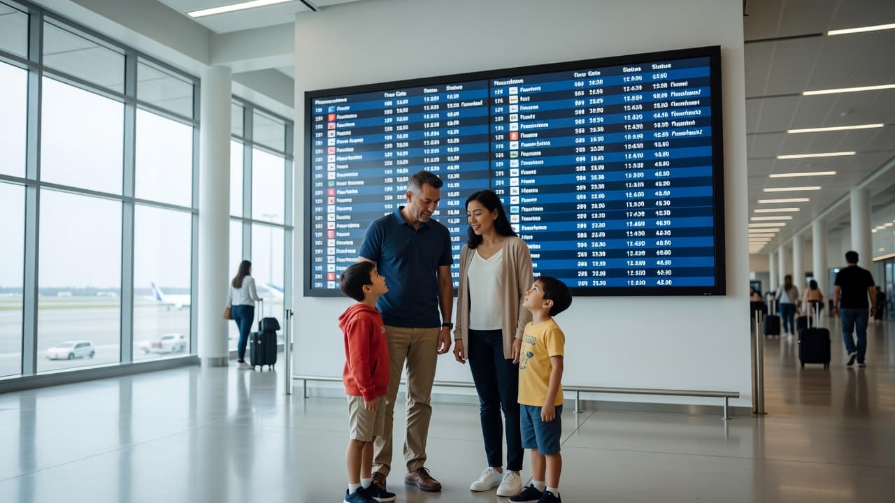 A family stands in a spacious, sunlit airport terminal observing a large digital flight information board. Sleek architectural lines and glass panels create a bright, modern atmosphere for traveling passengers.