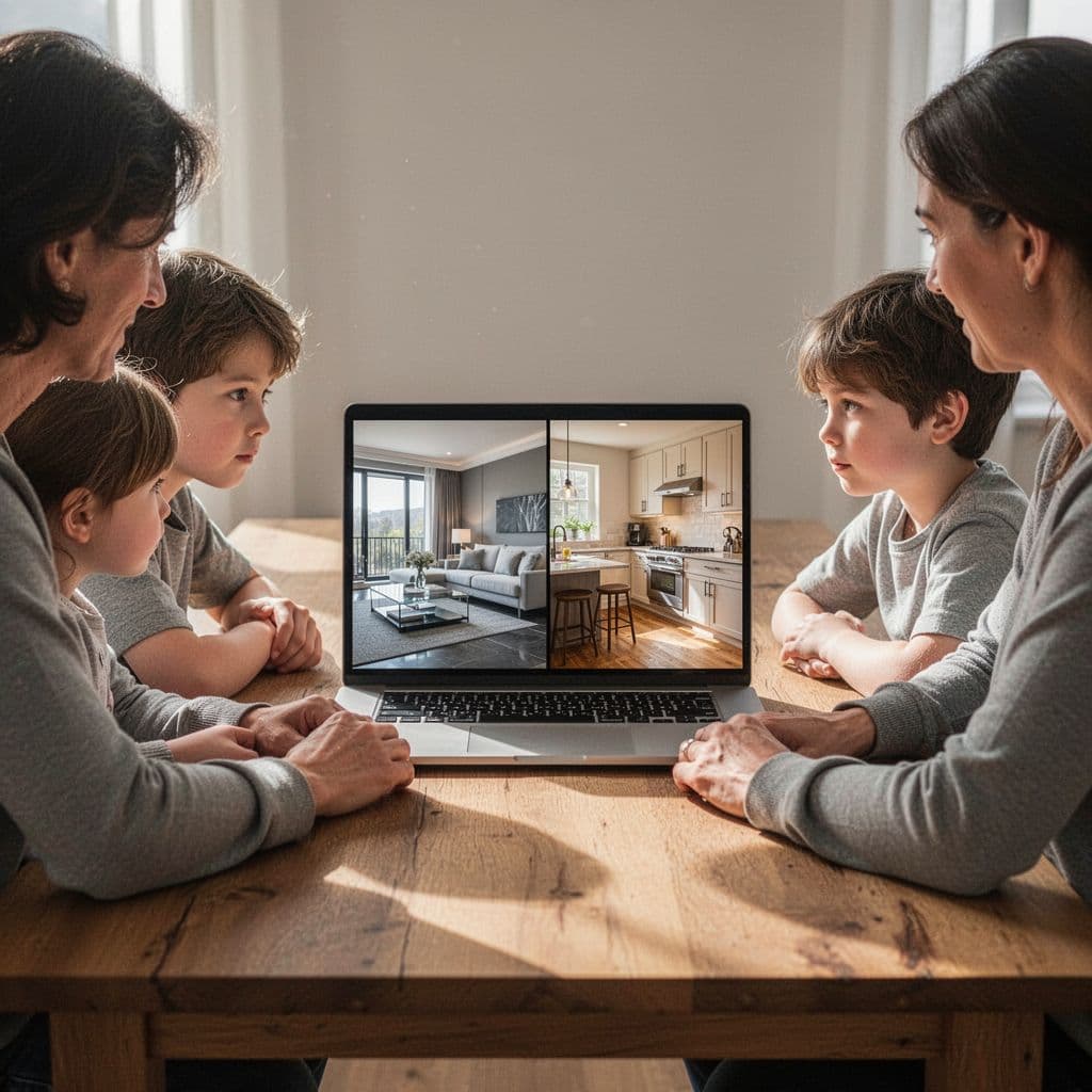A parent and two young children sit at a wooden table looking at a laptop screen displaying a side-by-side view of a modern hotel suite and a cozy kitchen apartment. Bright light fills the room.