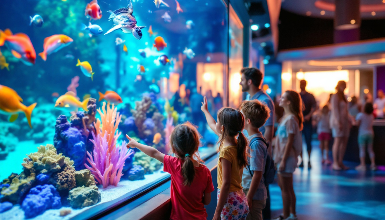 Ultra hyper realistic photo style image of a family on a Las Vegas vacation standing in front of a large, colorful aquarium exhibit inside a modern hotel lobby. Children lean toward a glass tank, pointing at tropical fish and sea turtles. Educational signage is visible, with a friendly guide talking to a child.