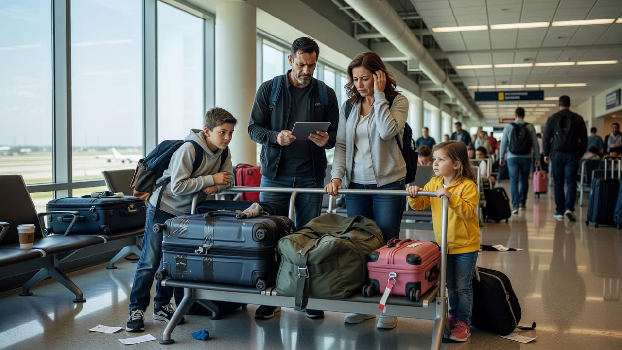A family of four stands near a luggage rack while the parents analyze travel details on a tablet. Sunlight floods through expansive windows, highlighting their expressions of frustration during transit.