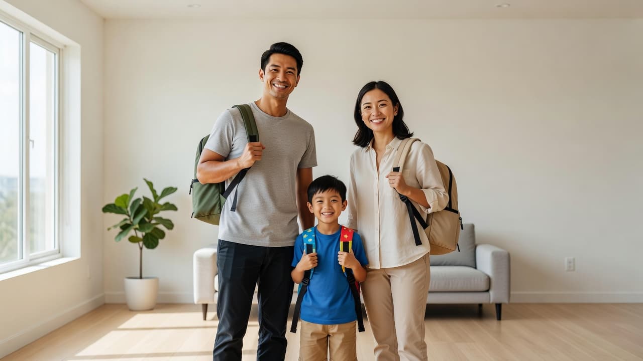 A smiling young family of three stands in a minimalist living room prepared for travel. Each person carries a single small backpack, emphasizing their efficiency while bright morning light illuminates them.