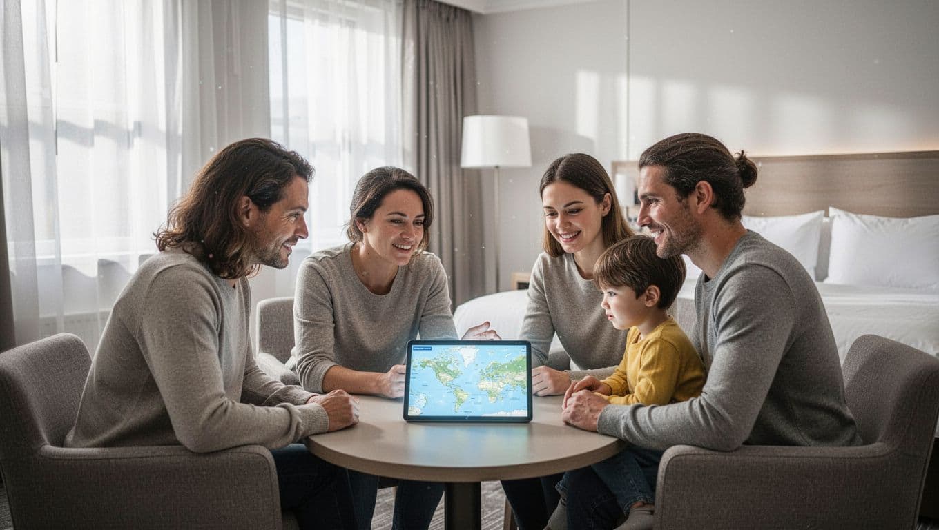 A happy family gathers around a glowing tablet screen inside a modern hotel suite. They are pointing at an interactive map to plan their next sightseeing stop during an urban vacation.