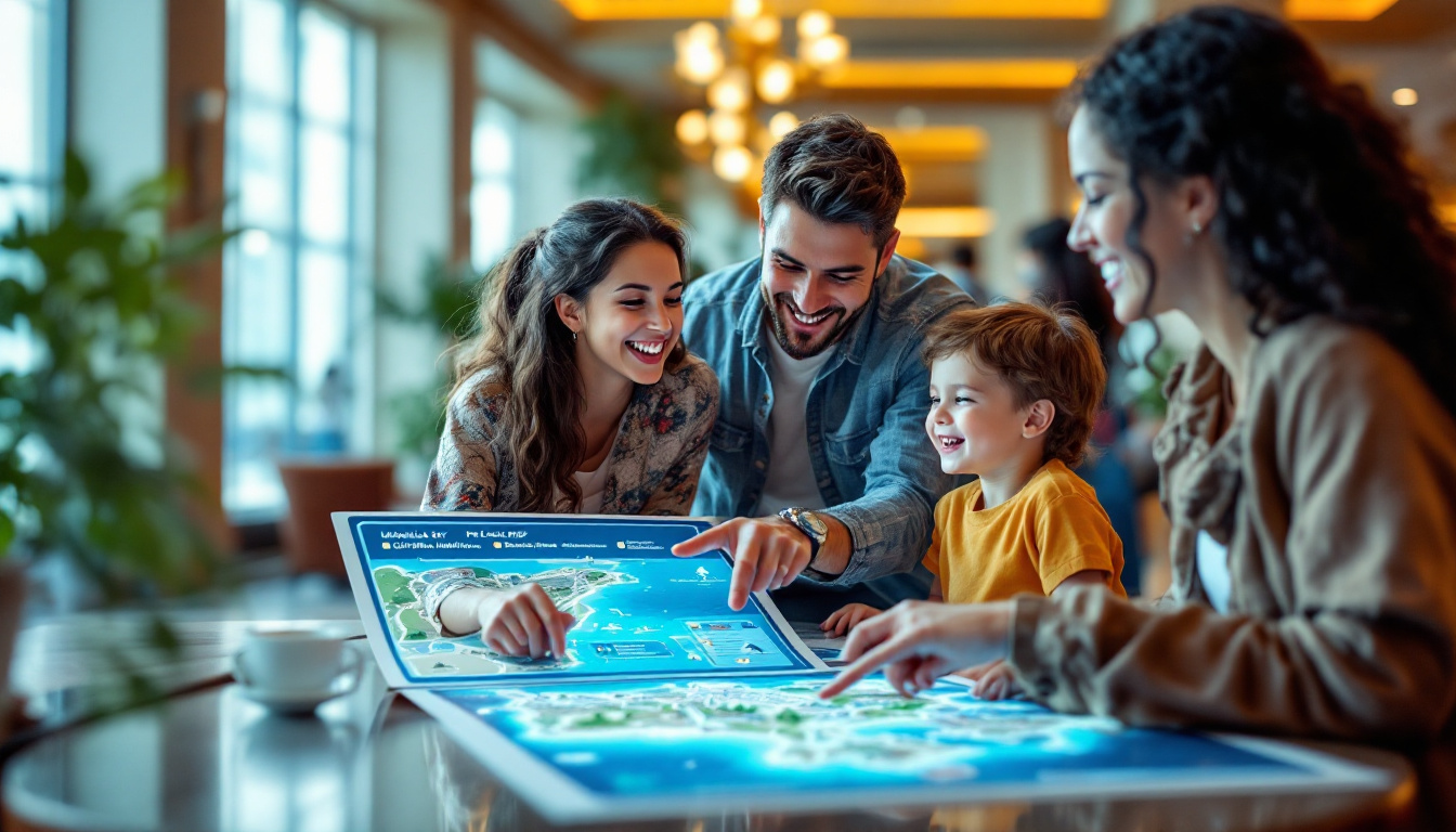 Ultra hyper realistic photo style image of a family planning a Las Vegas aquarium day in a bright hotel lobby. A clear digital map highlights Mandalay Bay Shark Reef, The Mirage Dolphin Habitat, and Silverton Aquarium as top spots. The scene is inviting, with kids smiling and parents pointing to the map, no text visible in the image.