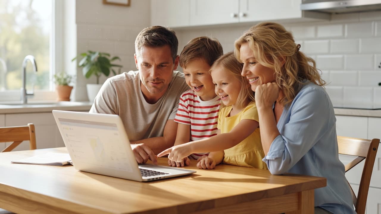 A smiling family of four sits closely together around a kitchen table, gazing intently at a laptop screen. Bright natural sunlight streams into the cozy room, highlighting their happy expressions.