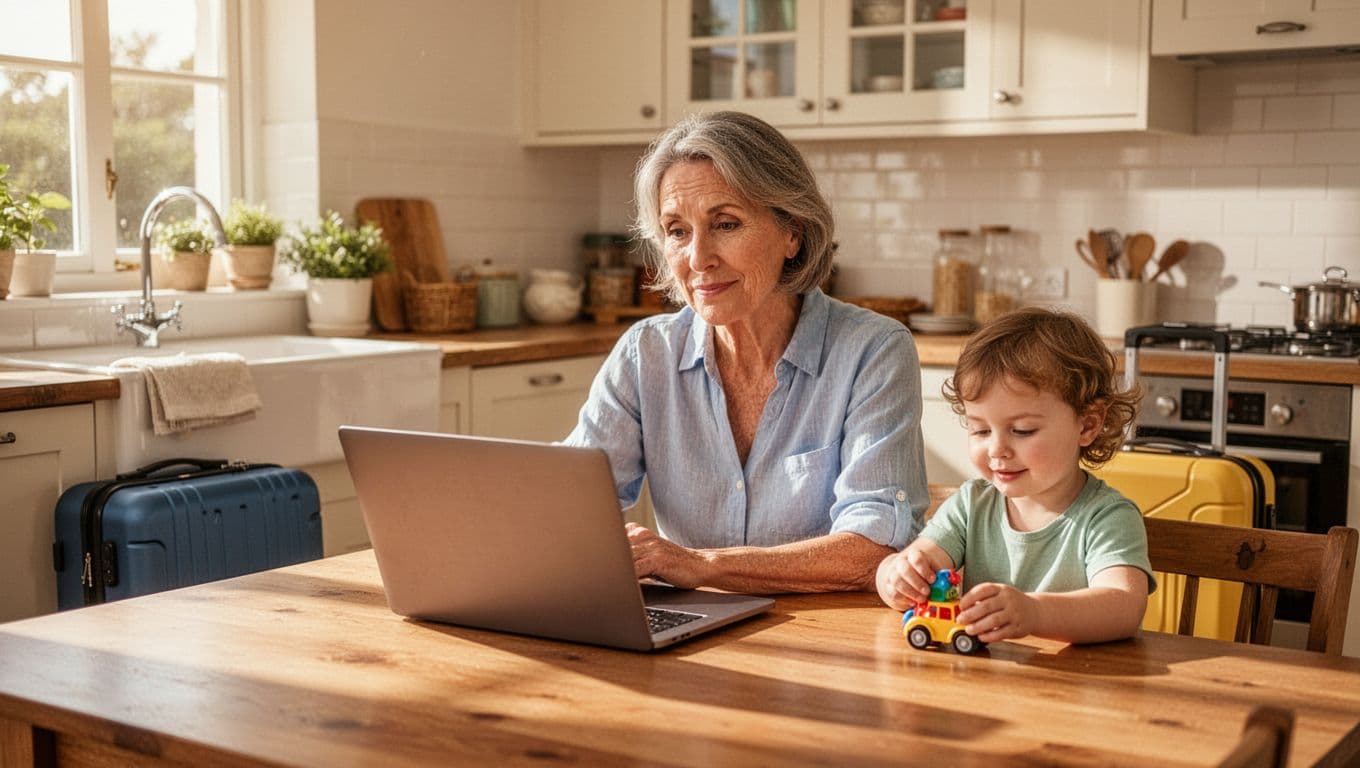 A parent sits at the kitchen table viewing travel deals on a laptop screen while a toddler plays with toys nearby. A packed suitcase stands against the wall awaiting the trip.